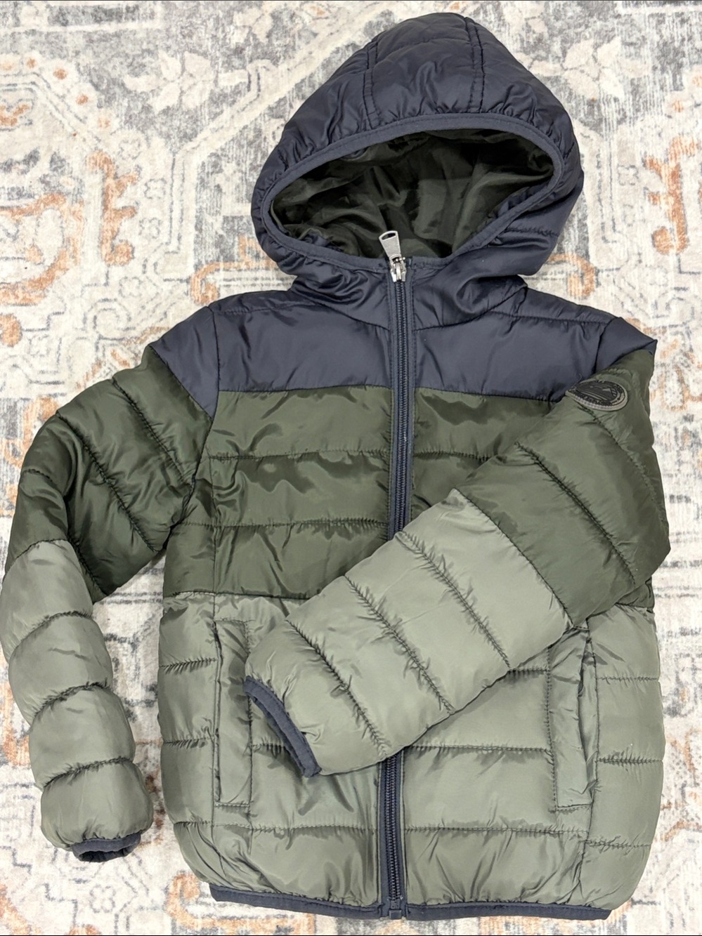 Kids Hooded Puffer Jacket in Olive & Black